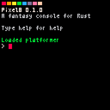 the boot console, with the platformer example loaded